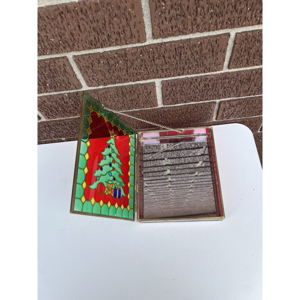 Vintage Hinged Stained Glass And Brass Candy Box With Christmas Tree - Picture 4 of 6
